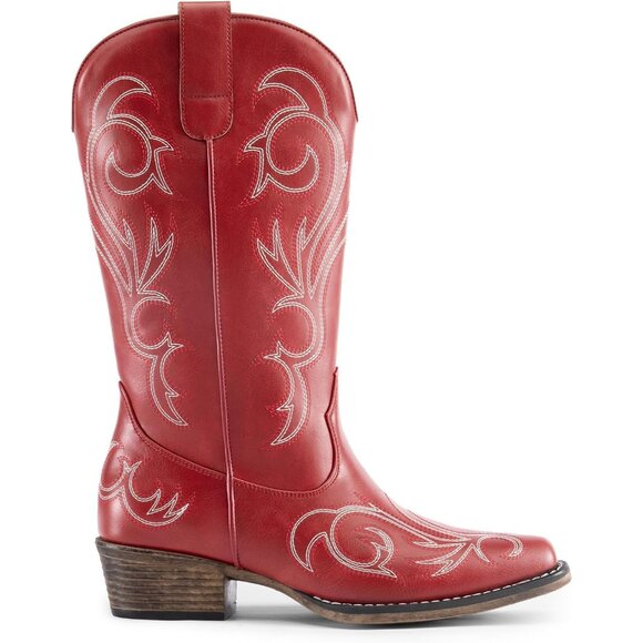 Dream Pairs Women's Red Mid Calf Cowgirl Boots Square Toe Chunky Heel Shoes - Picture 2 of 8